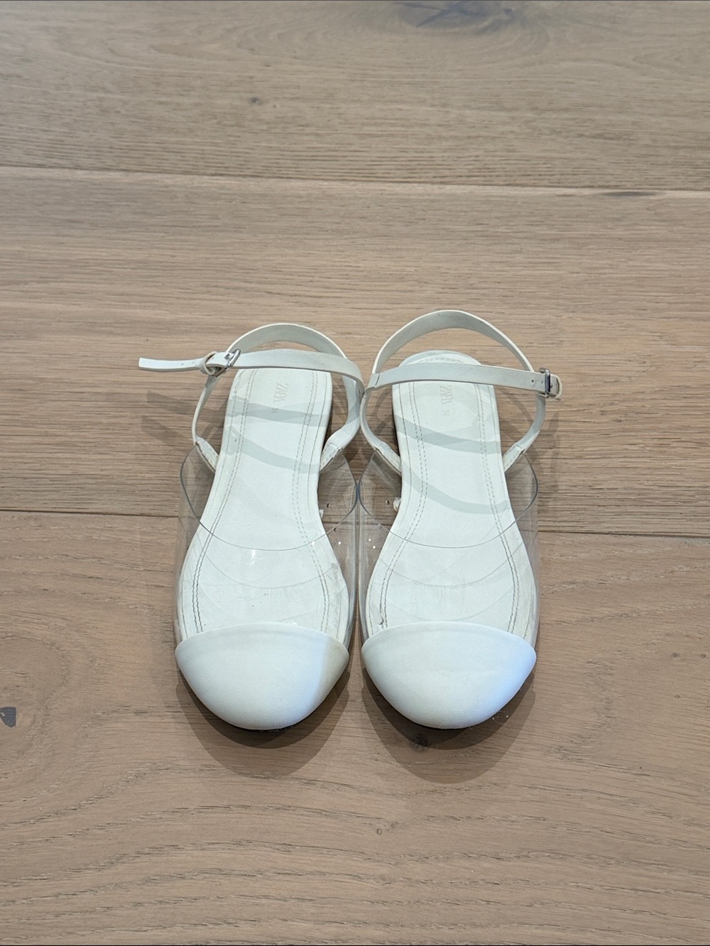 Zara White Clear-Sided Ankle-Strap Flats